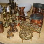 A brass oil lamp with white glass shade and sundry decorative copper and brass items