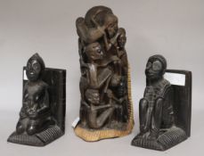 A Makonde ebony tree of life carving and a pair of bookends