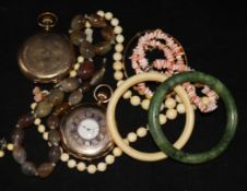 Coral beads, Hunter and half Hunter pocket watch etc.