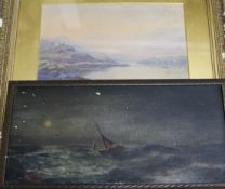 Albert Hartland, watercolour, lake scene and a small oil of fishing boat by another hand, 17 x