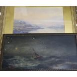 Albert Hartland, watercolour, lake scene and a small oil of fishing boat by another hand, 17 x