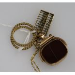 A 9ct gold and bloodstone swivel fob seal, a 14ct gold abacus pendant and chain, and two yellow