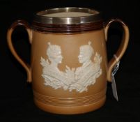 A Doulton silver mounted commemorative two handled loving cup