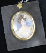A 19th century miniature portrait - Lady wearing a rose in her hair