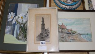 A Dutch etching of a bell tower, a watercolour coastal scene and two other pictures