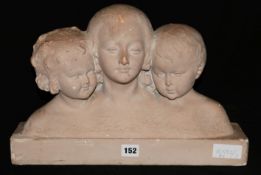 A French painted plaster model of a mother and children, signed Rene