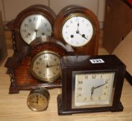 An Edwardian inlaid eight day mantel clock and three other clocks