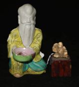 A pair of Japanese lacquer vases, 16cm, a Kutani figure and an ivory carving