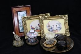A quantity of tortoiseshell boxes, a Chinese enamel pot, silk pictures etc.