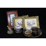 A quantity of tortoiseshell boxes, a Chinese enamel pot, silk pictures etc.