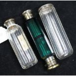 A Victorian green glass double ended scent bottle and two other bottles.