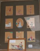 Nine Indian painted miniatures, gouache on mica, framed as one, and one other, largest 10 x 13.5cm
