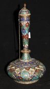 A Persian champleve enamel bottle vase and cover