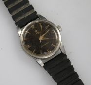 A gentleman's stainless steel Omega Seamaster automatic wrist watch with black dial.