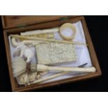 Canton cameo ivory card case and eleven other bone and ivory pieces (12)