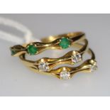 An 18ct gold, emerald and diamond triple band ring, size O.