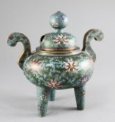 A Chinese cloisonne enamel ding censer and cover, late 19th / early 20th century, decorated with
