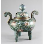 A Chinese cloisonne enamel ding censer and cover, late 19th / early 20th century, decorated with
