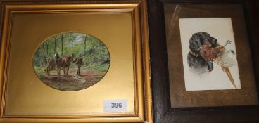 An R. Watson watercolour of a gun dog with a pheasant and a watercolour of a Carter, 17 x 12cm and