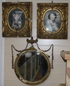 A pair of 19th century French tinted photographs and an Adam revival wall mirror, mirror 54 x 46cm