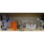A group of Whitefriars tangerine glass vases, Orrefors glass and other Scandinavian glass and