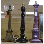 Three marble, brass and wooden lamp bases