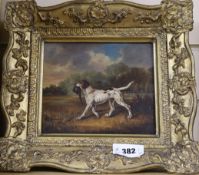 B.H., oil on panel of a Pointer with a pheasant and an oil landscape, 16 x 19cm and 35 x 48cm