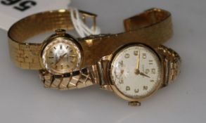 A lady's 18ct gold Enicar wrist watch on an 18ct gold bracelet and a similar 9ct Certina watch on