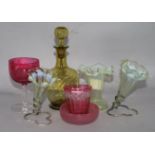 A group of Victorian glass to include three vaseline trumpet vases, a dish, two glasses and a