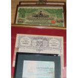 Two framed Chinese share certificates and a telephone certificate, and a Russian certificate