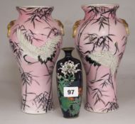 A pair of enamelled Japanese ceramic vases and a cloisonne vase