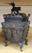 A large Japanese bronze and champleve enamel koro and cover