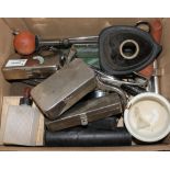 A collection of medical equipment, including, torch, syringes, etc, some items in metal cases