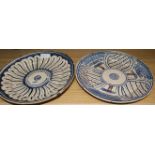 Two 19th century Spanish tinglaze dishes, diameter 35cm
