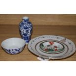 A Chinese export plate with English crest, a dish, a small bowl and a vase