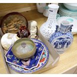 A Chinese blue and white moon flask vase, Oriental ceramics, cork picture, mother of pearl dish,