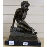 After Feix Lopez, bronze figure of a seated boy, on marble plinth, 36cm
