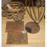 Two gilt metal vase stands, three cast plaques and a lantern frame