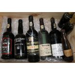 Five assorted bottles of Port including Taylor's 1972 and three bottles of beer including Victory