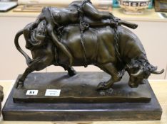 A modern bronze figure of Europa and the bull, on marble plinth, length 43cm