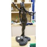 An art nouveau style bronze figure of a maiden on marble plinth, height 58cm