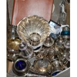 A cut glass toilet bottle with silver collar, plated dressing table set, boxed gent's toilet case,