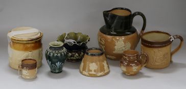 A Doulton Dewar's Whisky jug, a preserve pot and cover, a mug and five other small stoneware