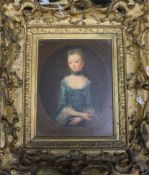 19th century English School, oil on prepared panel, portrait of a young lady wearing a blue dress,