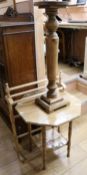 A pine two tier occasional table, towel rail and jardiniere stand, H.63cm
