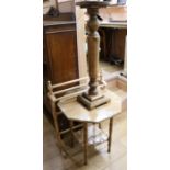 A pine two tier occasional table, towel rail and jardiniere stand, H.63cm