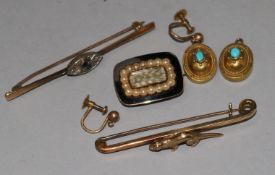 Two 15ct gold bar brooches, a pair of Victorian gold and turquoise ear clips and a Victorian