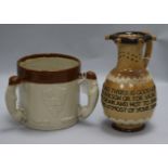 A Royal Doulton salt-glazed puzzle jug and a stoneware loving cup, the jug inscribed 'Within this