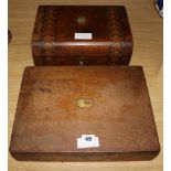 A Victorian walnut and parquetry writing slope, 12in., and a cased set of plated fish knives and