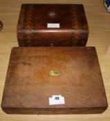 A Victorian walnut and parquetry writing slope, 12in., and a cased set of plated fish knives and